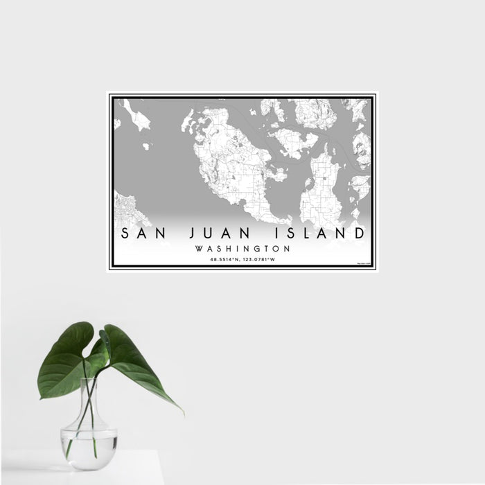 16x24 San Juan Island Washington Map Print Landscape Orientation in Classic Style With Tropical Plant Leaves in Water