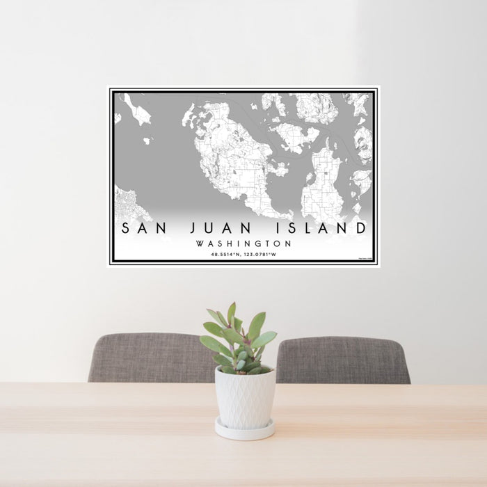 24x36 San Juan Island Washington Map Print Landscape Orientation in Classic Style Behind 2 Chairs Table and Potted Plant
