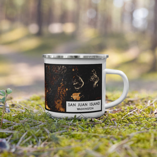 Right View Custom San Juan Island Washington Map Enamel Mug in Ember on Grass With Trees in Background