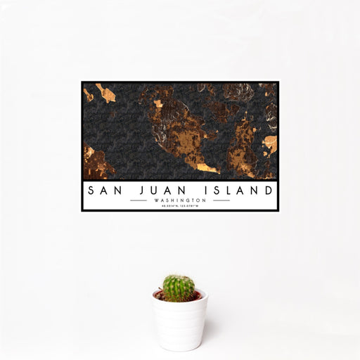 12x18 San Juan Island Washington Map Print Landscape Orientation in Ember Style With Small Cactus Plant in White Planter