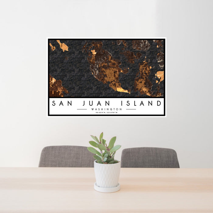 24x36 San Juan Island Washington Map Print Landscape Orientation in Ember Style Behind 2 Chairs Table and Potted Plant