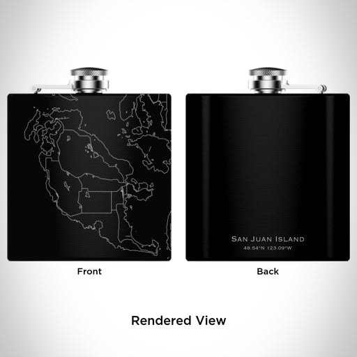 Rendered View of San Juan Island Washington Map Engraving on 6oz Stainless Steel Flask in Black