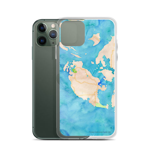 Custom San Juan Island Washington Map Phone Case in Watercolor on Table with Laptop and Plant