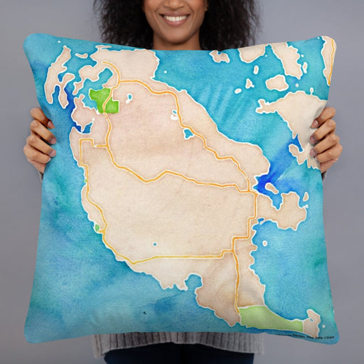Person holding 22x22 Custom San Juan Island Washington Map Throw Pillow in Watercolor