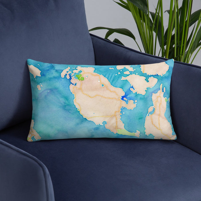 Custom San Juan Island Washington Map Throw Pillow in Watercolor on Blue Colored Chair