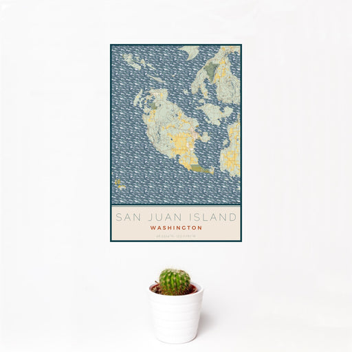 12x18 San Juan Island Washington Map Print Portrait Orientation in Woodblock Style With Small Cactus Plant in White Planter
