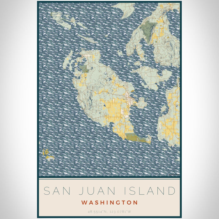 San Juan Island Washington Map Print Portrait Orientation in Woodblock Style With Shaded Background