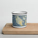 Front View Custom San Juan Island Washington Map Enamel Mug in Woodblock on Cutting Board