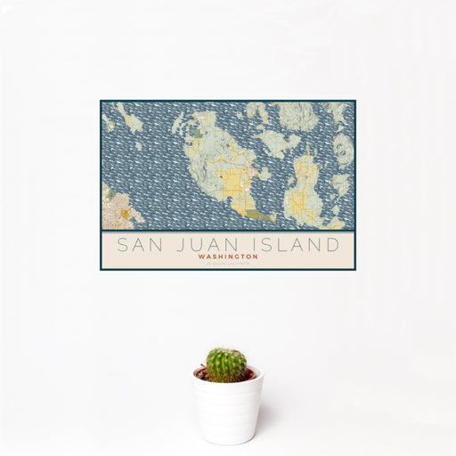 12x18 San Juan Island Washington Map Print Landscape Orientation in Woodblock Style With Small Cactus Plant in White Planter