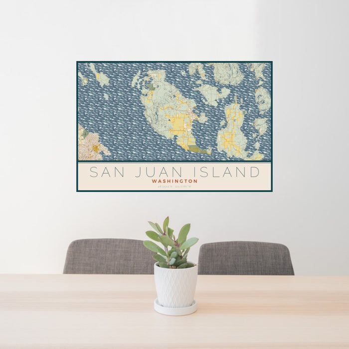 24x36 San Juan Island Washington Map Print Landscape Orientation in Woodblock Style Behind 2 Chairs Table and Potted Plant