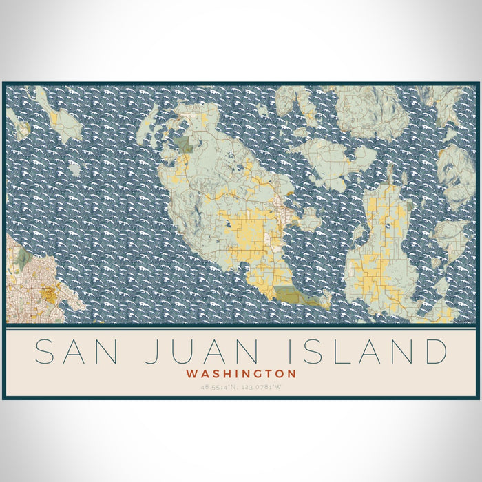 San Juan Island Washington Map Print Landscape Orientation in Woodblock Style With Shaded Background