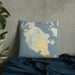 Custom San Juan Island Washington Map Throw Pillow in Woodblock on Bedding Against Wall