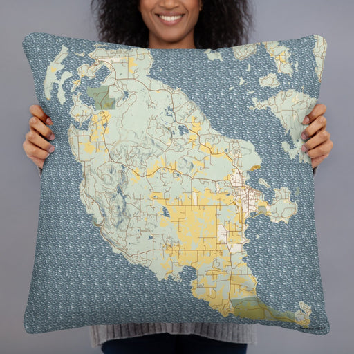 Person holding 22x22 Custom San Juan Island Washington Map Throw Pillow in Woodblock