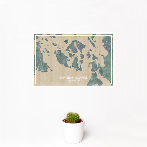 12x18 San Juan Islands Washington Map Print Landscape Orientation in Afternoon Style With Small Cactus Plant in White Planter