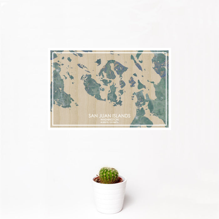 12x18 San Juan Islands Washington Map Print Landscape Orientation in Afternoon Style With Small Cactus Plant in White Planter