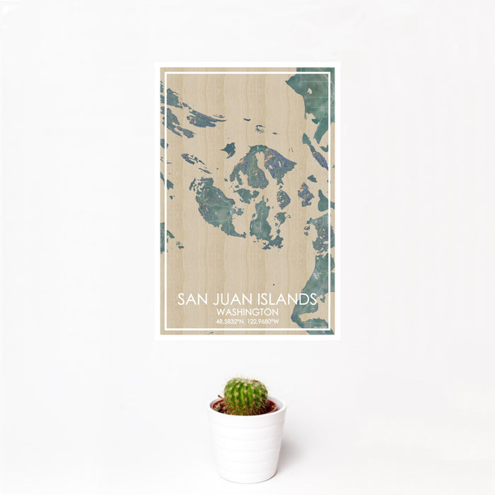 12x18 San Juan Islands Washington Map Print Portrait Orientation in Afternoon Style With Small Cactus Plant in White Planter