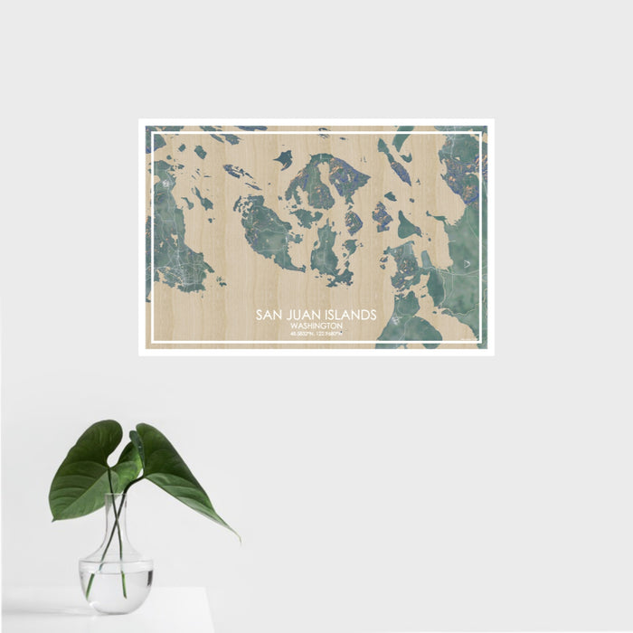 16x24 San Juan Islands Washington Map Print Landscape Orientation in Afternoon Style With Tropical Plant Leaves in Water