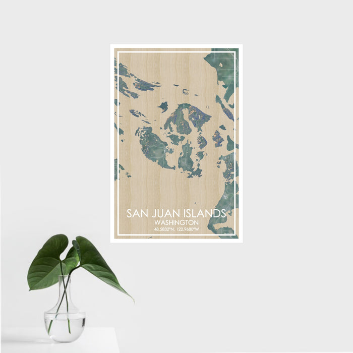 16x24 San Juan Islands Washington Map Print Portrait Orientation in Afternoon Style With Tropical Plant Leaves in Water