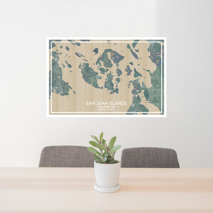 24x36 San Juan Islands Washington Map Print Lanscape Orientation in Afternoon Style Behind 2 Chairs Table and Potted Plant