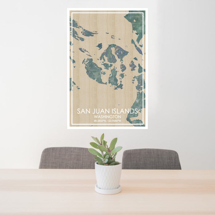24x36 San Juan Islands Washington Map Print Portrait Orientation in Afternoon Style Behind 2 Chairs Table and Potted Plant