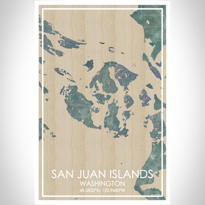 San Juan Islands Washington Map Print Portrait Orientation in Afternoon Style With Shaded Background