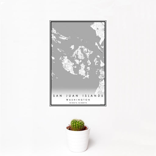 12x18 San Juan Islands Washington Map Print Portrait Orientation in Classic Style With Small Cactus Plant in White Planter