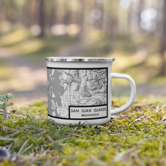 Right View Custom San Juan Islands Washington Map Enamel Mug in Classic on Grass With Trees in Background