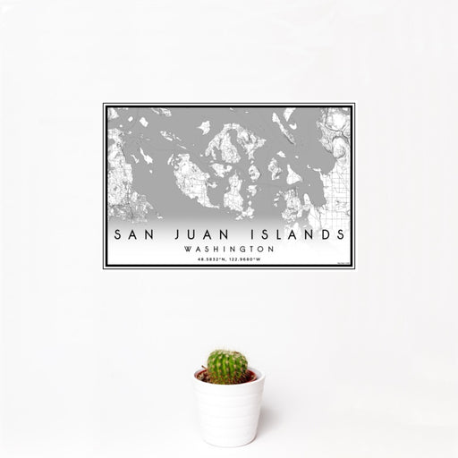 12x18 San Juan Islands Washington Map Print Landscape Orientation in Classic Style With Small Cactus Plant in White Planter