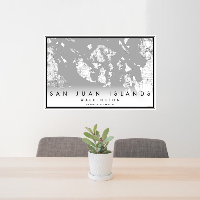 24x36 San Juan Islands Washington Map Print Landscape Orientation in Classic Style Behind 2 Chairs Table and Potted Plant