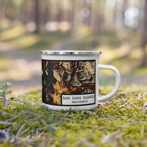 Right View Custom San Juan Islands Washington Map Enamel Mug in Ember on Grass With Trees in Background