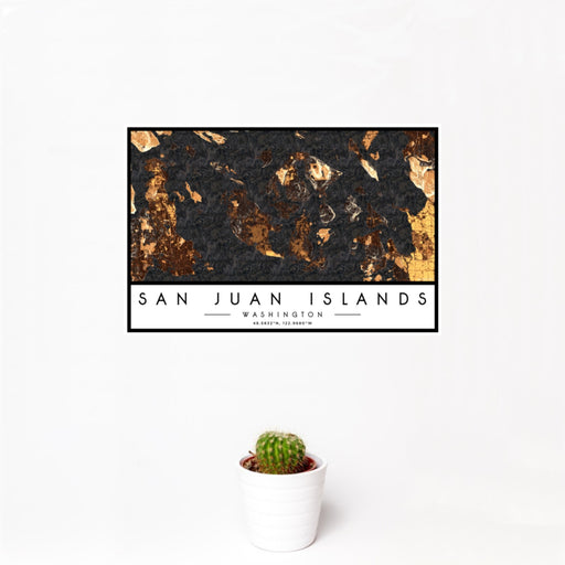 12x18 San Juan Islands Washington Map Print Landscape Orientation in Ember Style With Small Cactus Plant in White Planter