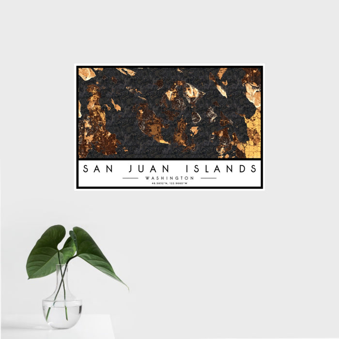 16x24 San Juan Islands Washington Map Print Landscape Orientation in Ember Style With Tropical Plant Leaves in Water