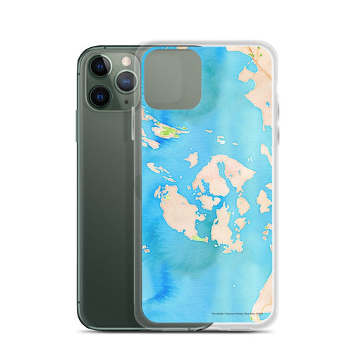 Custom San Juan Islands Washington Map Phone Case in Watercolor on Table with Laptop and Plant