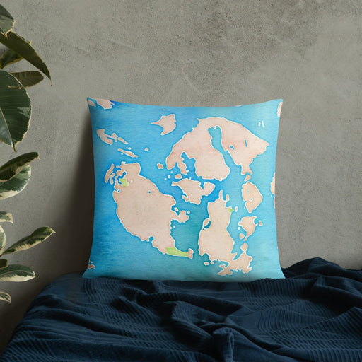 Custom San Juan Islands Washington Map Throw Pillow in Watercolor on Bedding Against Wall