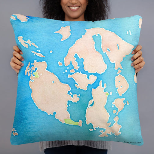 Person holding 22x22 Custom San Juan Islands Washington Map Throw Pillow in Watercolor