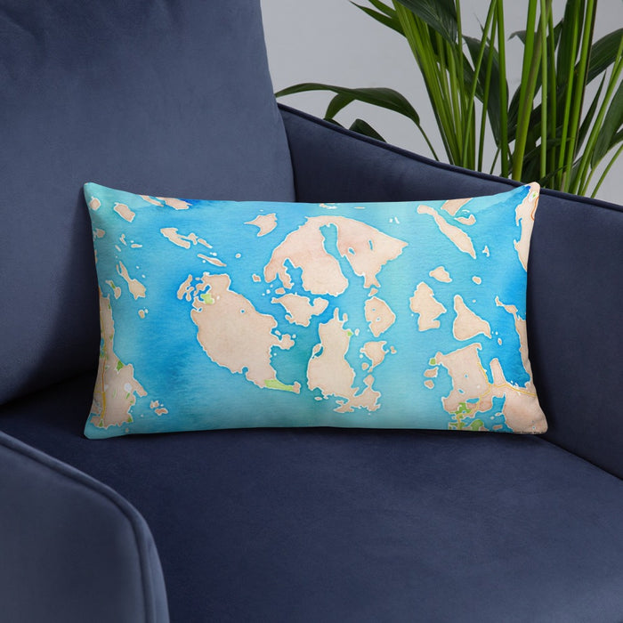 Custom San Juan Islands Washington Map Throw Pillow in Watercolor on Blue Colored Chair