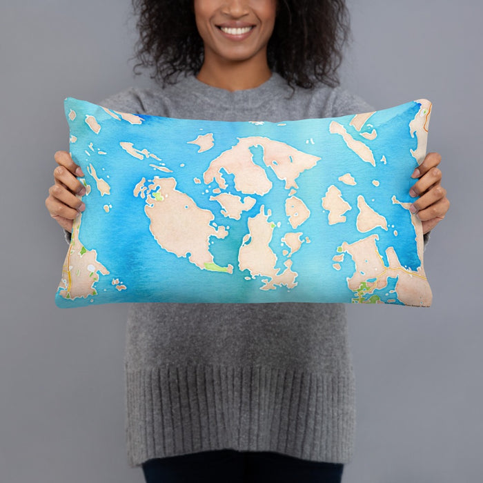 Person holding 20x12 Custom San Juan Islands Washington Map Throw Pillow in Watercolor
