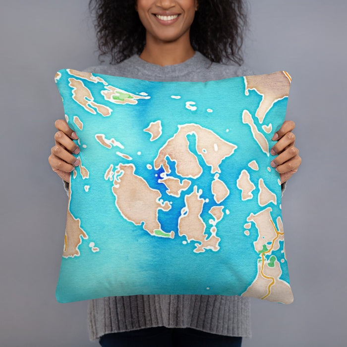 Person holding 18x18 Custom San Juan Islands Washington Map Throw Pillow in Watercolor