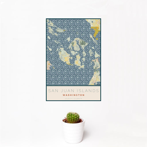 12x18 San Juan Islands Washington Map Print Portrait Orientation in Woodblock Style With Small Cactus Plant in White Planter