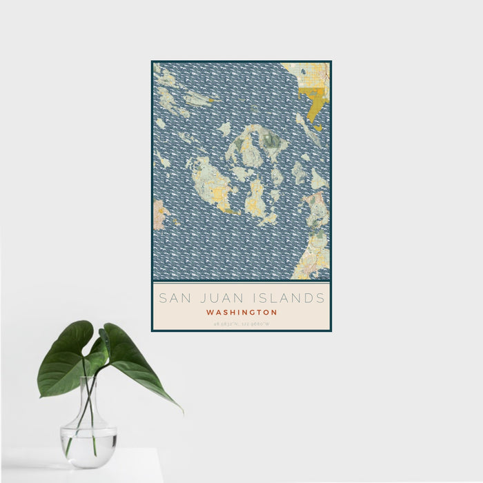 16x24 San Juan Islands Washington Map Print Portrait Orientation in Woodblock Style With Tropical Plant Leaves in Water