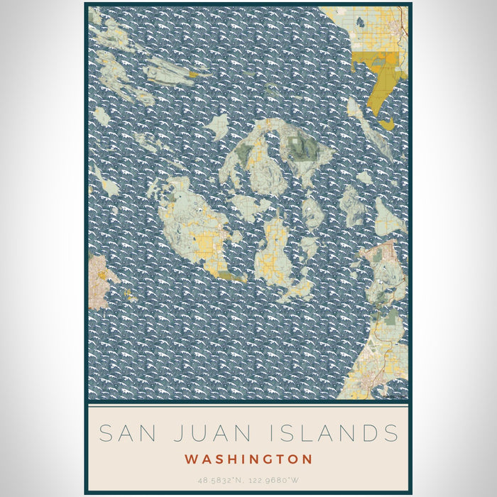 San Juan Islands Washington Map Print Portrait Orientation in Woodblock Style With Shaded Background