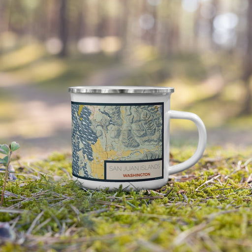 Right View Custom San Juan Islands Washington Map Enamel Mug in Woodblock on Grass With Trees in Background