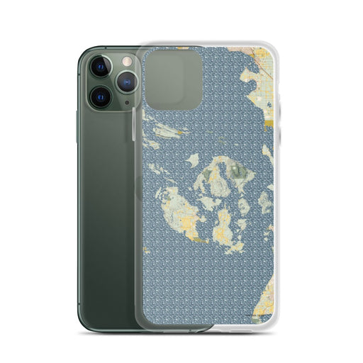Custom San Juan Islands Washington Map Phone Case in Woodblock on Table with Laptop and Plant