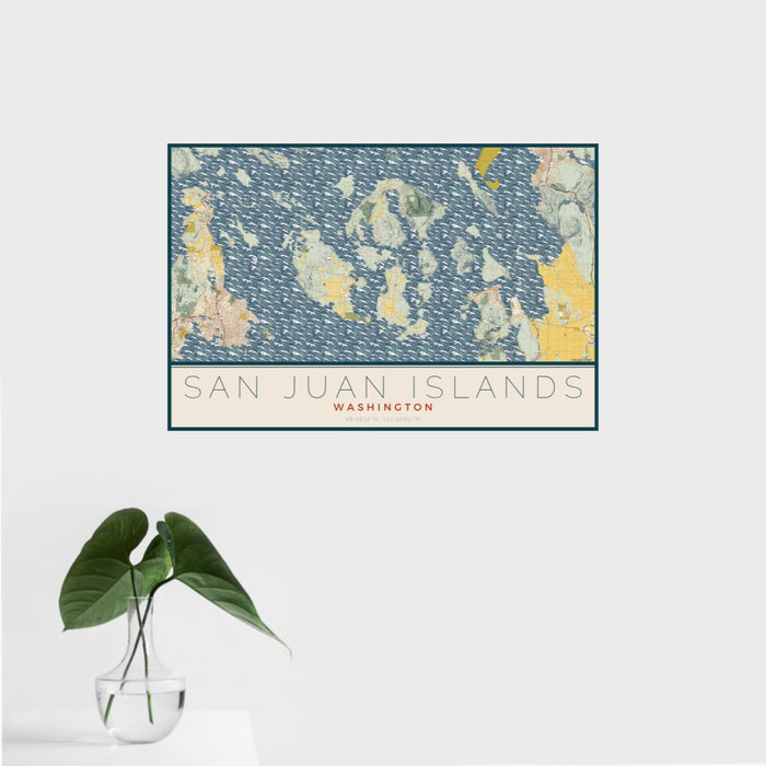 16x24 San Juan Islands Washington Map Print Landscape Orientation in Woodblock Style With Tropical Plant Leaves in Water