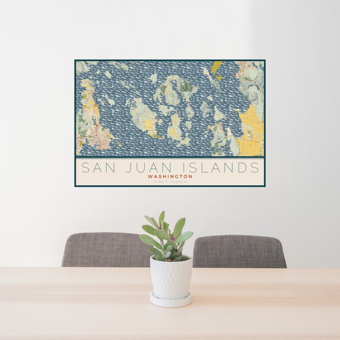 24x36 San Juan Islands Washington Map Print Landscape Orientation in Woodblock Style Behind 2 Chairs Table and Potted Plant