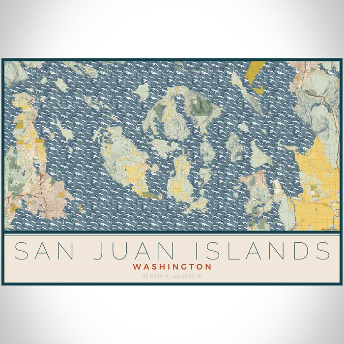 San Juan Islands Washington Map Print Landscape Orientation in Woodblock Style With Shaded Background