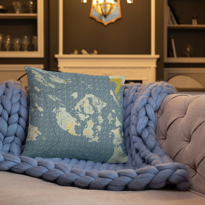 Custom San Juan Islands Washington Map Throw Pillow in Woodblock on Cream Colored Couch