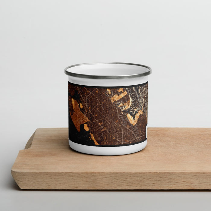 Front View Custom San Leandro California Map Enamel Mug in Ember on Cutting Board