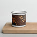 Front View Custom San Leandro California Map Enamel Mug in Ember on Cutting Board