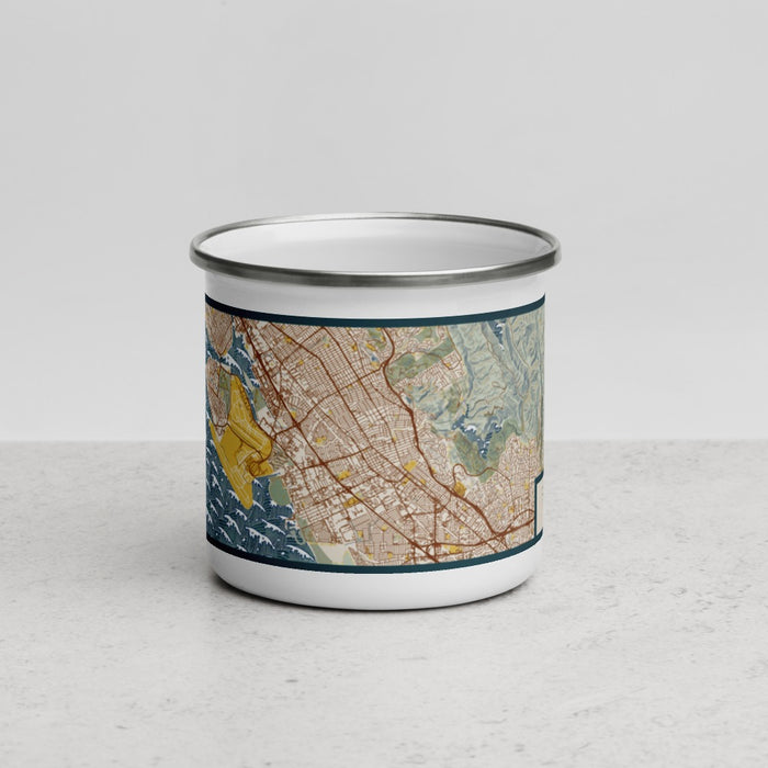 Front View Custom San Leandro California Map Enamel Mug in Woodblock